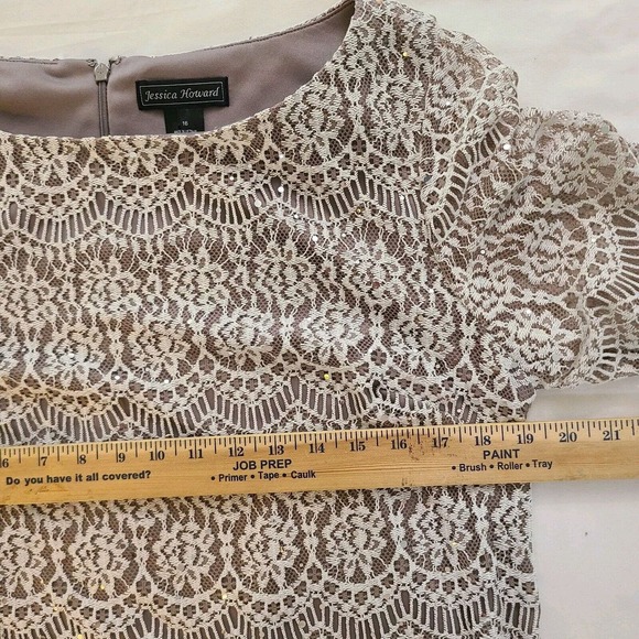 Jessica Howard Cream Beige Sequin Crochet Lace Overlay Lined Shift Dress Size 16 - Picture 6 of 10